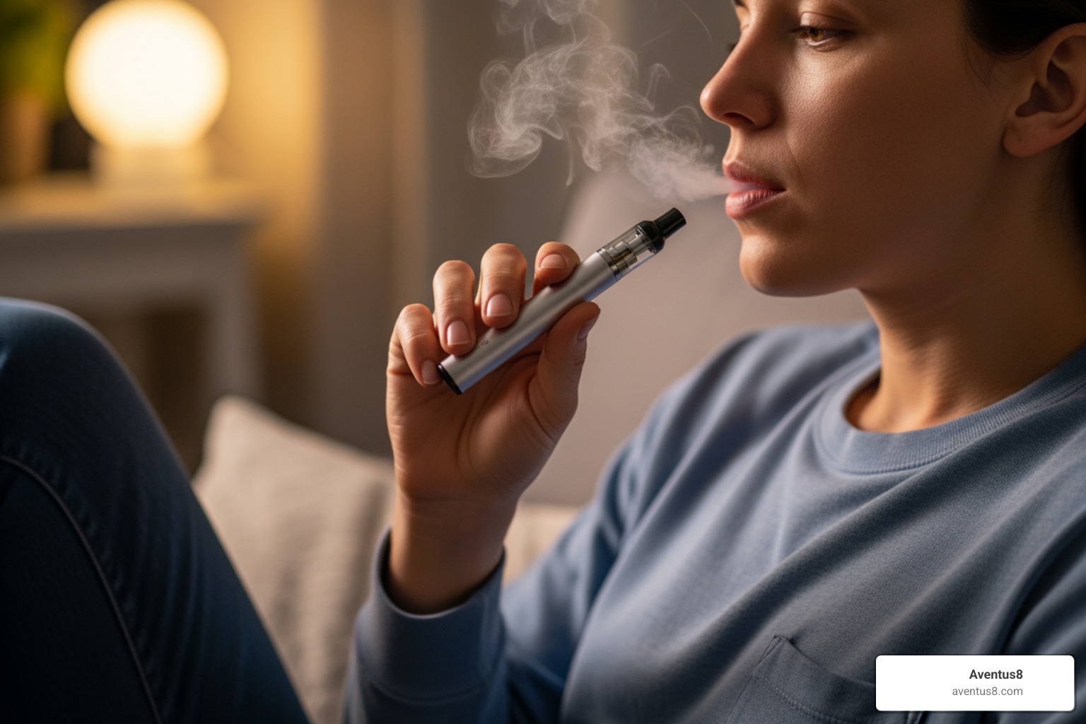 Image of a person taking a small, controlled puff from a vape pen in a private setting - THC-P disposable vapes