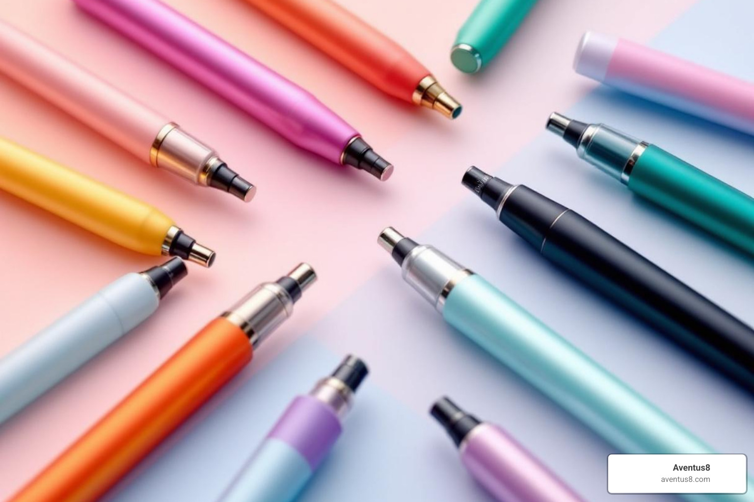 Image of a variety of colorful and sleek THCP disposable vapes arranged artistically - THC-P disposable vapes