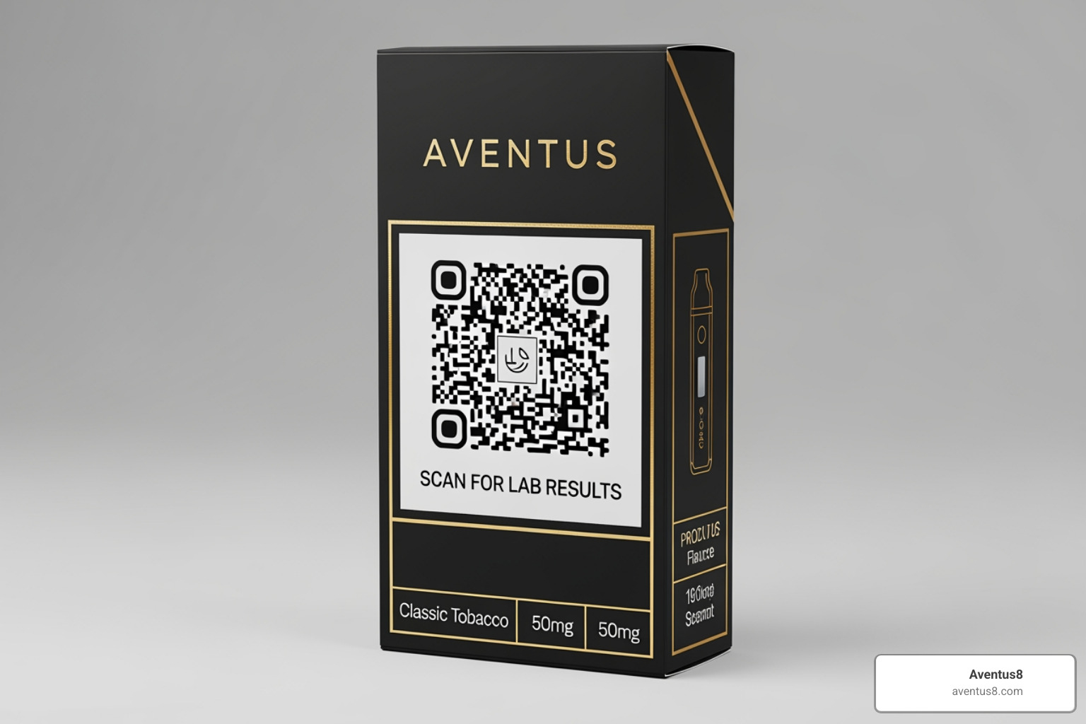 A QR code on Aventus8 vape packaging leading to lab results. - cheap THC vape pens