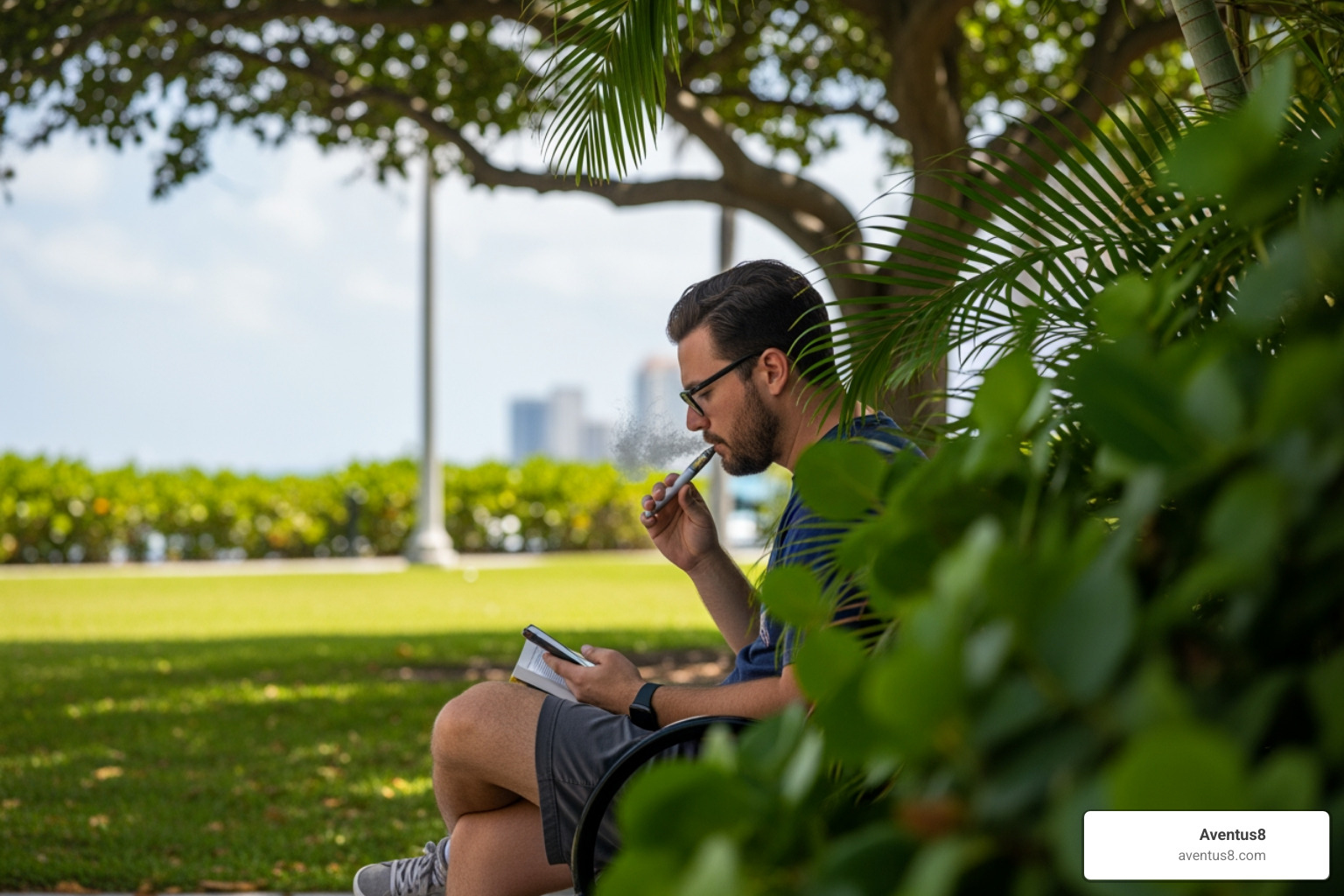 A person discreetly using a vape pen at a Hollywood, FL park. - cheap THC vape pens