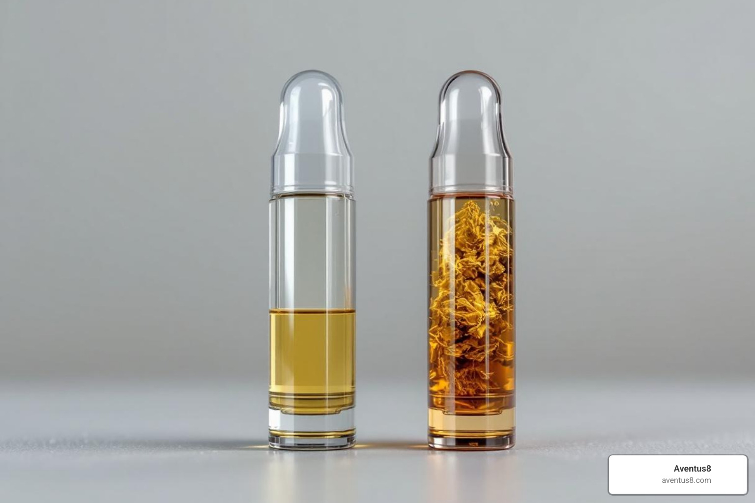 Two vape cartridges side-by-side, one labeled "Distillate" and one "Live Resin". - cheap THC vape pens