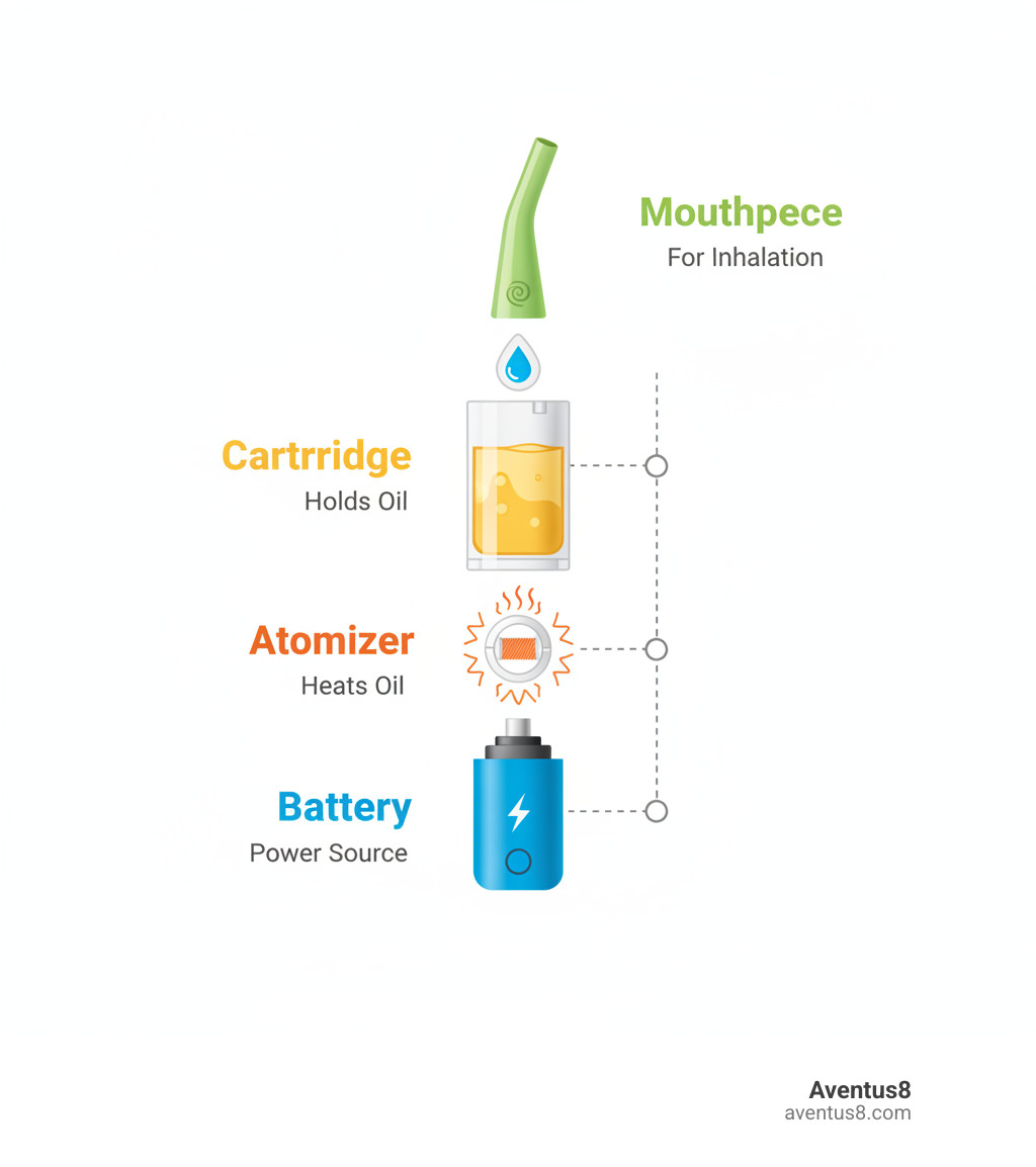 Infographic detailing the basic components of a vape pen: battery (power source), cartridge (holds oil), atomizer (heats oil), and mouthpiece (for inhalation). - cheap THC vape pens infographic 