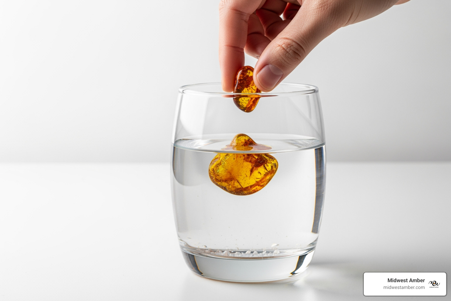 demonstrating the saltwater test for authenticating amber - sterling silver amber necklace