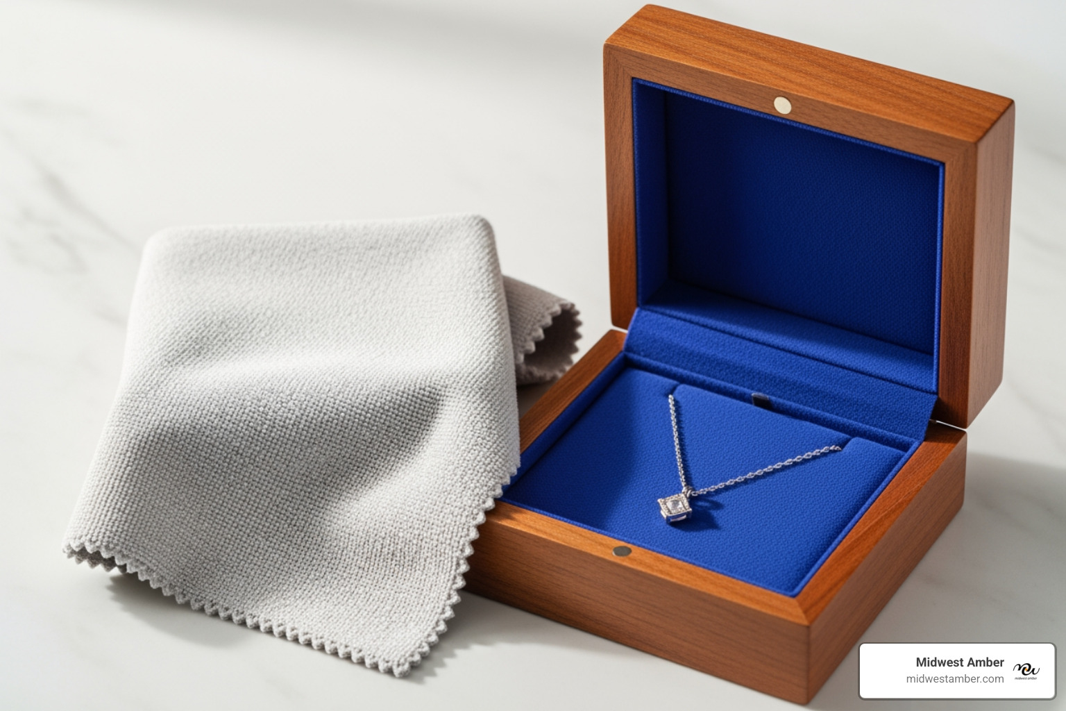 soft polishing cloth and a jewelry box - sterling silver amber necklace