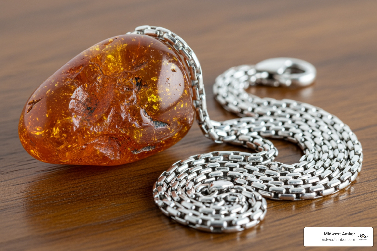 raw Baltic amber next to a polished sterling silver chain - sterling silver amber necklace