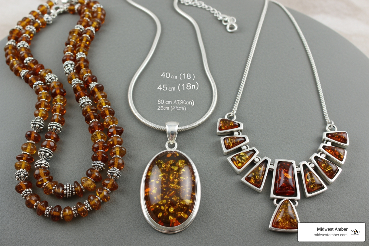 variety of necklace styles: a single pendant, a beaded strand, and a modern geometric design - sterling silver amber necklace