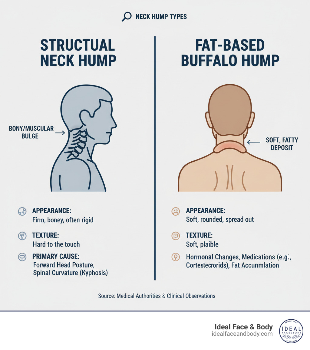 Infographic comparing structural neck hump caused by forward head posture and spinal curvature versus fat-based buffalo hump caused by hormonal changes, medications, or fat accumulation, showing key differences in appearance, texture, and primary causes - best way to get rid of neck hump infographic Infographic comparing structural neck hump caused by forward head posture and spinal curvature versus fat-based buffalo hump caused by hormonal changes, medications, or fat accumulation, showing key differences in appearance, texture, and primary causes - best way to get rid of neck hump infographic