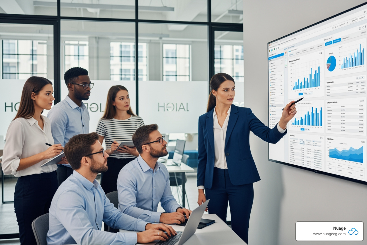 team collaborating on NetSuite on a monitor - netsuite customer service number