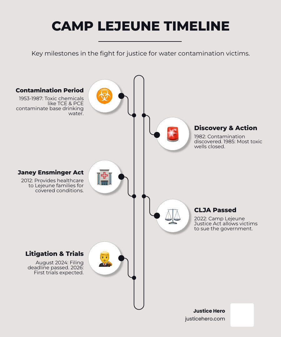 Infographic showing Camp Lejeune timeline: 1953-1987 water contamination period, 1982 contamination discovered, 1985 wells closed, 2012 Janey Ensminger Act, 2022 Camp Lejeune Justice Act passed, August 2024 filing deadline, 2026 expected first trials - camp lejeune lawsuit update infographic infographic-line-5-steps-elegant_beige