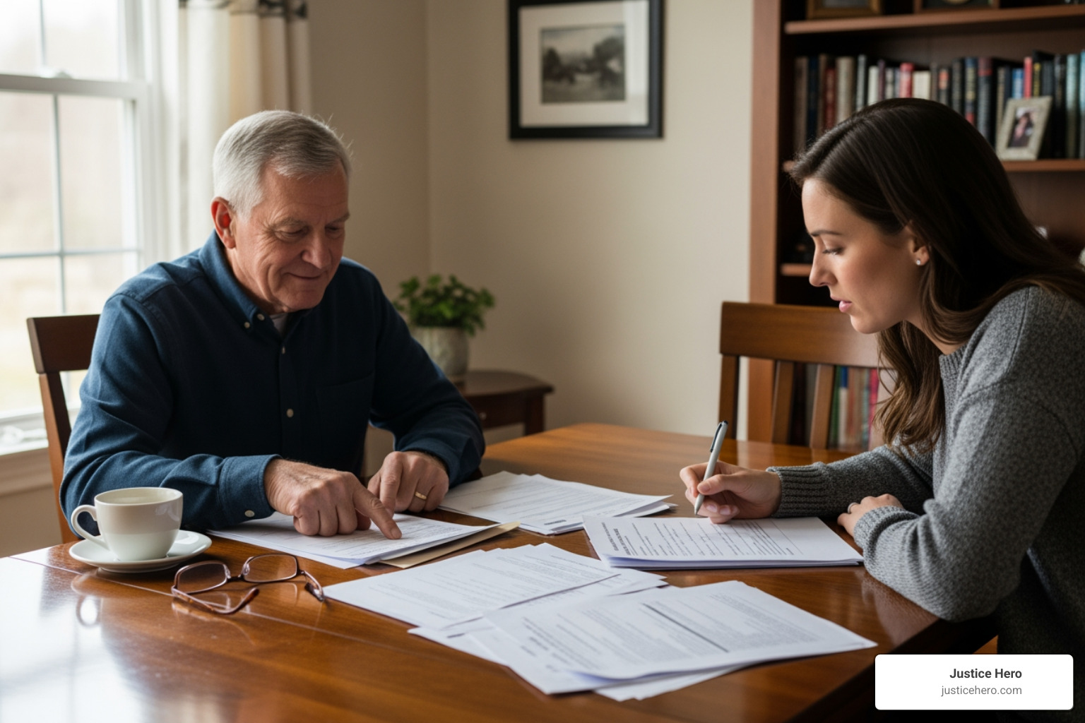 Veteran reviewing official documents with a family member - camp lejeune lawsuit update