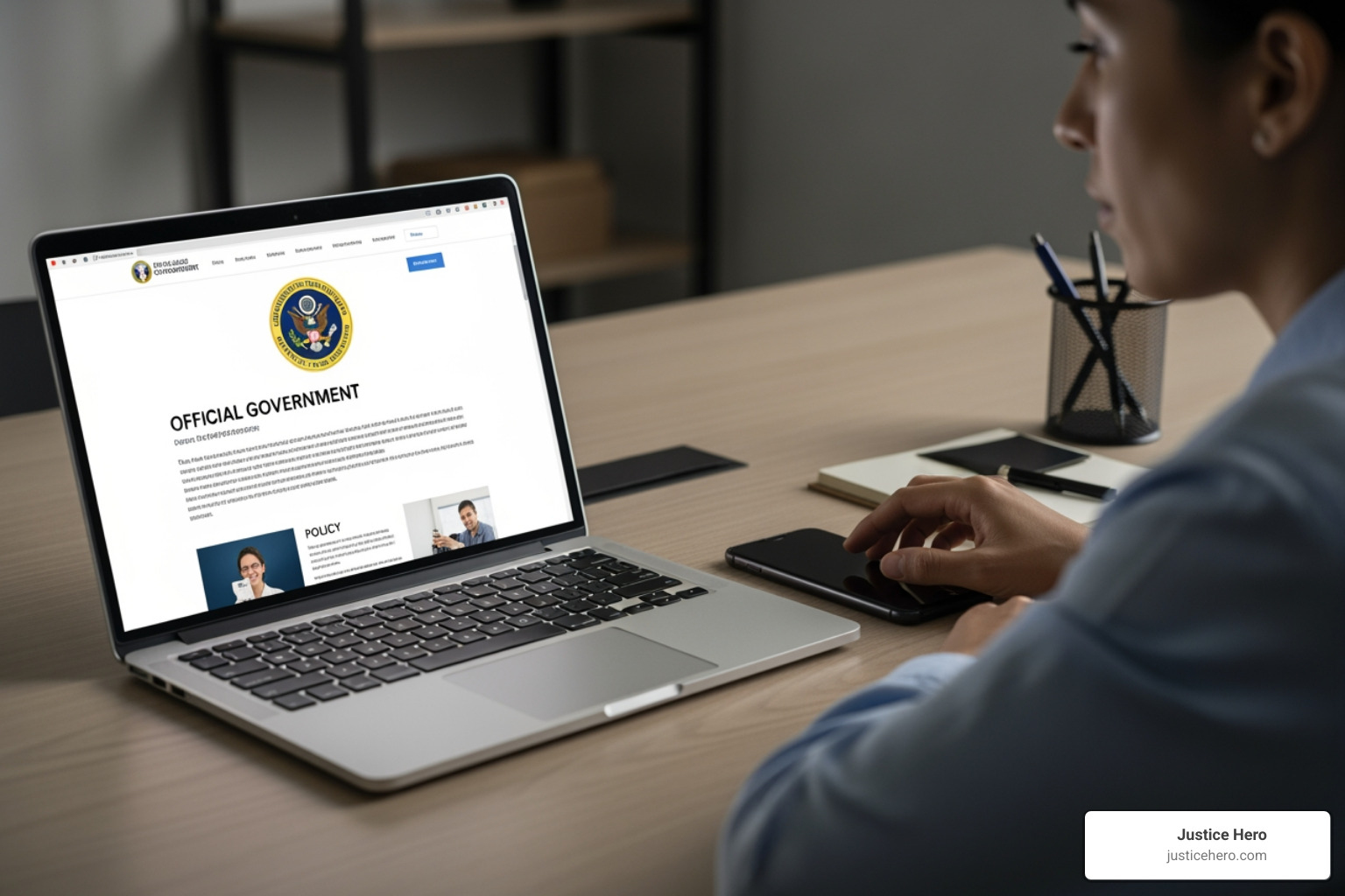 Person on a phone and computer, looking at official government websites - camp lejeune lawsuit update