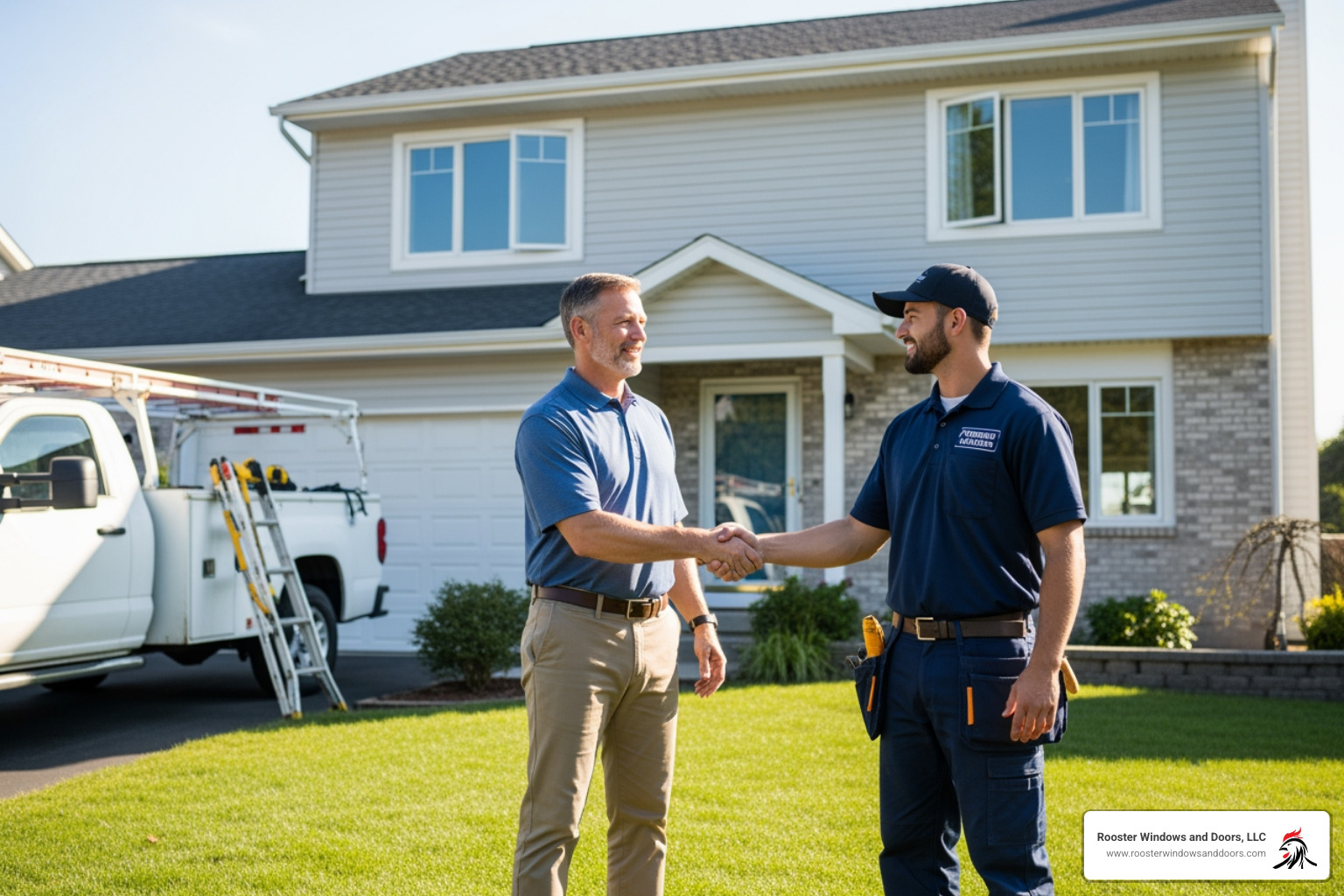 homeowner shaking hands with window installer - who installs egress windows near me homeowner shaking hands with window installer - who installs egress windows near me