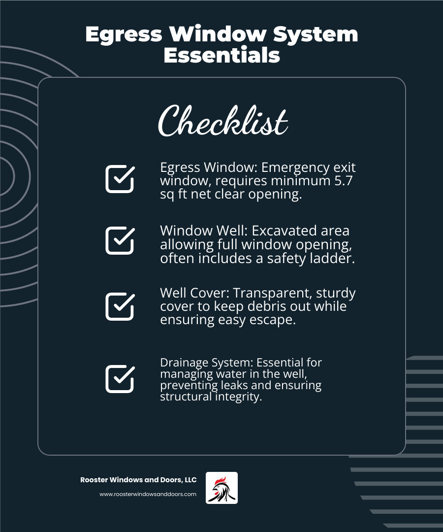 infographic showing egress window components including the window frame, opening mechanism, window well with ladder, drainage system, window well cover, and minimum size requirements of 5.7 square feet opening area with dimensions labeled - who installs egress windows near me infographic checklist-dark-blue infographic showing egress window components including the window frame, opening mechanism, window well with ladder, drainage system, window well cover, and minimum size requirements of 5.7 square feet opening area with dimensions labeled - who installs egress windows near me infographic checklist-dark-blue
