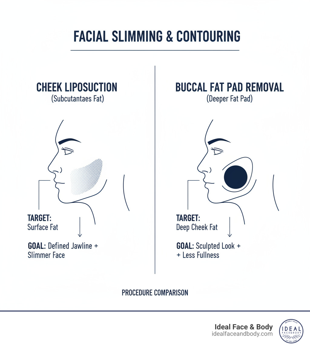 Infographic differentiating cheek liposuction (subcutaneous fat) and buccal fat pad removal (deeper fat pad), illustrating their target areas and goals for facial slimming and contouring - cheek liposuction infographic Infographic differentiating cheek liposuction (subcutaneous fat) and buccal fat pad removal (deeper fat pad), illustrating their target areas and goals for facial slimming and contouring - cheek liposuction infographic