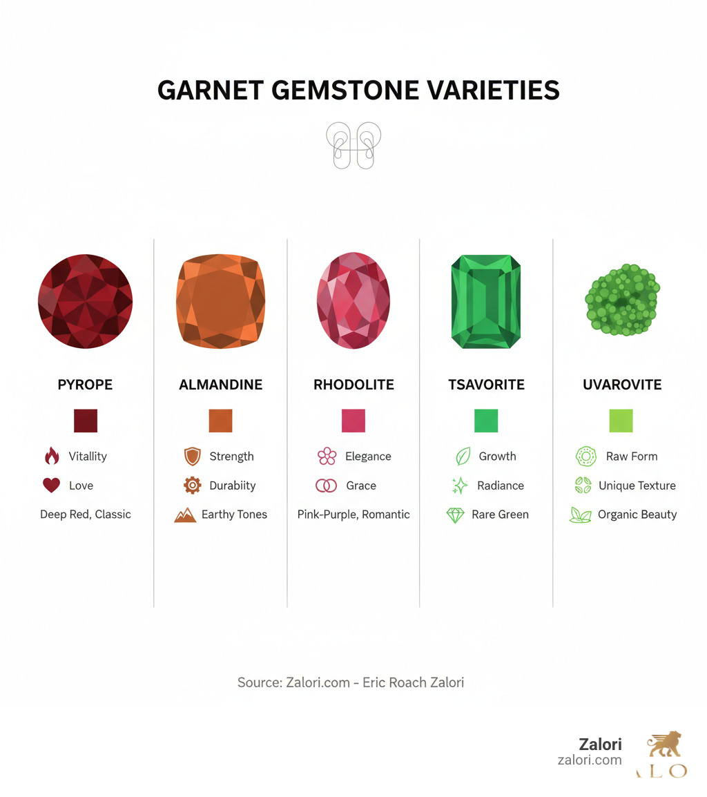 Infographic showing the different varieties of garnet gemstones including Pyrope (deep red), Almandine (rusty-brown to orange), Rhodolite (pink to purple-red), Tsavorite (green), and Uvarovite (green druse crystals), with their characteristic colors and properties displayed visually - Garnet earrings Canada infographic Infographic showing the different varieties of garnet gemstones including Pyrope (deep red), Almandine (rusty-brown to orange), Rhodolite (pink to purple-red), Tsavorite (green), and Uvarovite (green druse crystals), with their characteristic colors and properties displayed visually - Garnet earrings Canada infographic