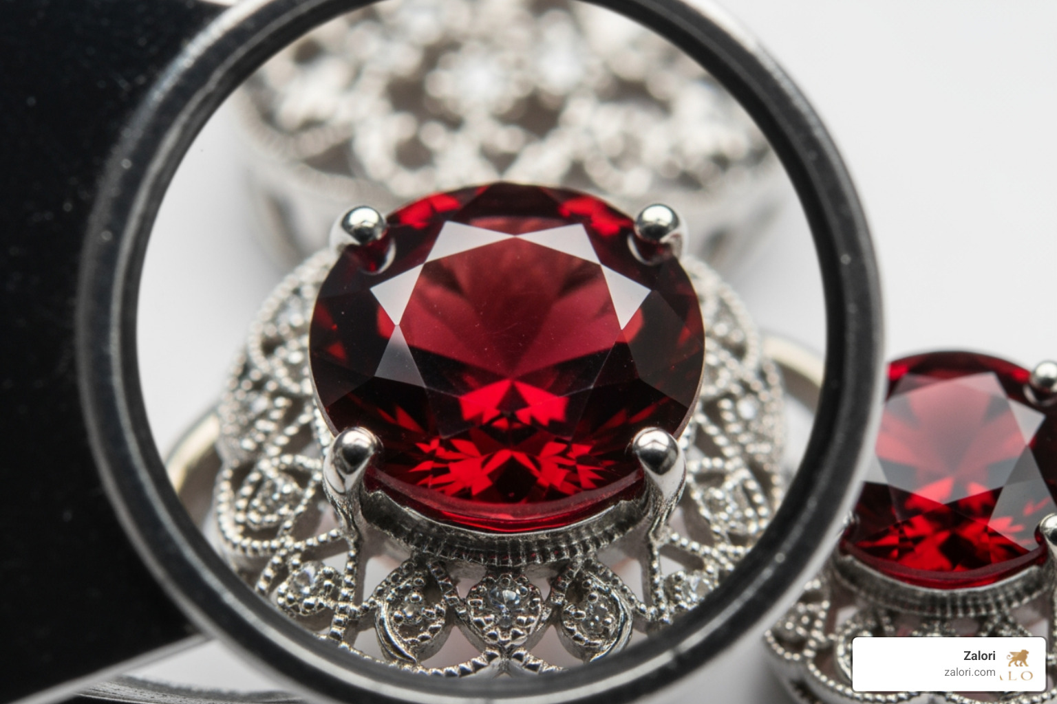 jeweller's loupe inspecting a garnet earring - Garnet earrings Canada jeweller's loupe inspecting a garnet earring - Garnet earrings Canada