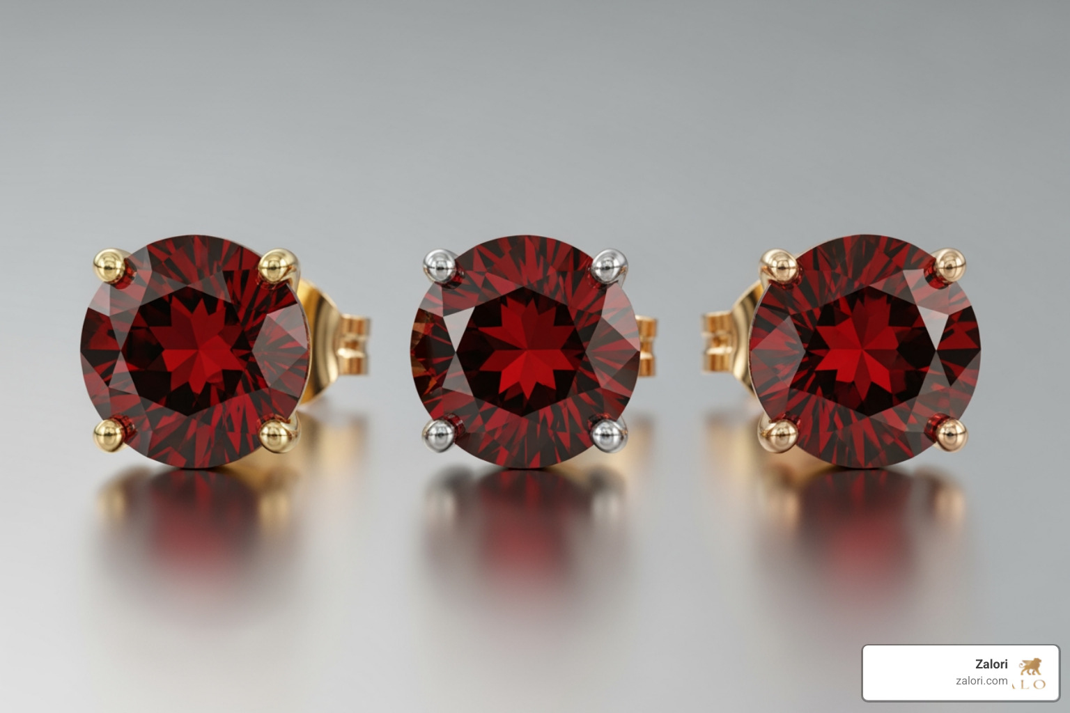 three pairs of identical garnet stud earrings in yellow gold, white gold, and rose gold - Garnet earrings Canada three pairs of identical garnet stud earrings in yellow gold, white gold, and rose gold - Garnet earrings Canada