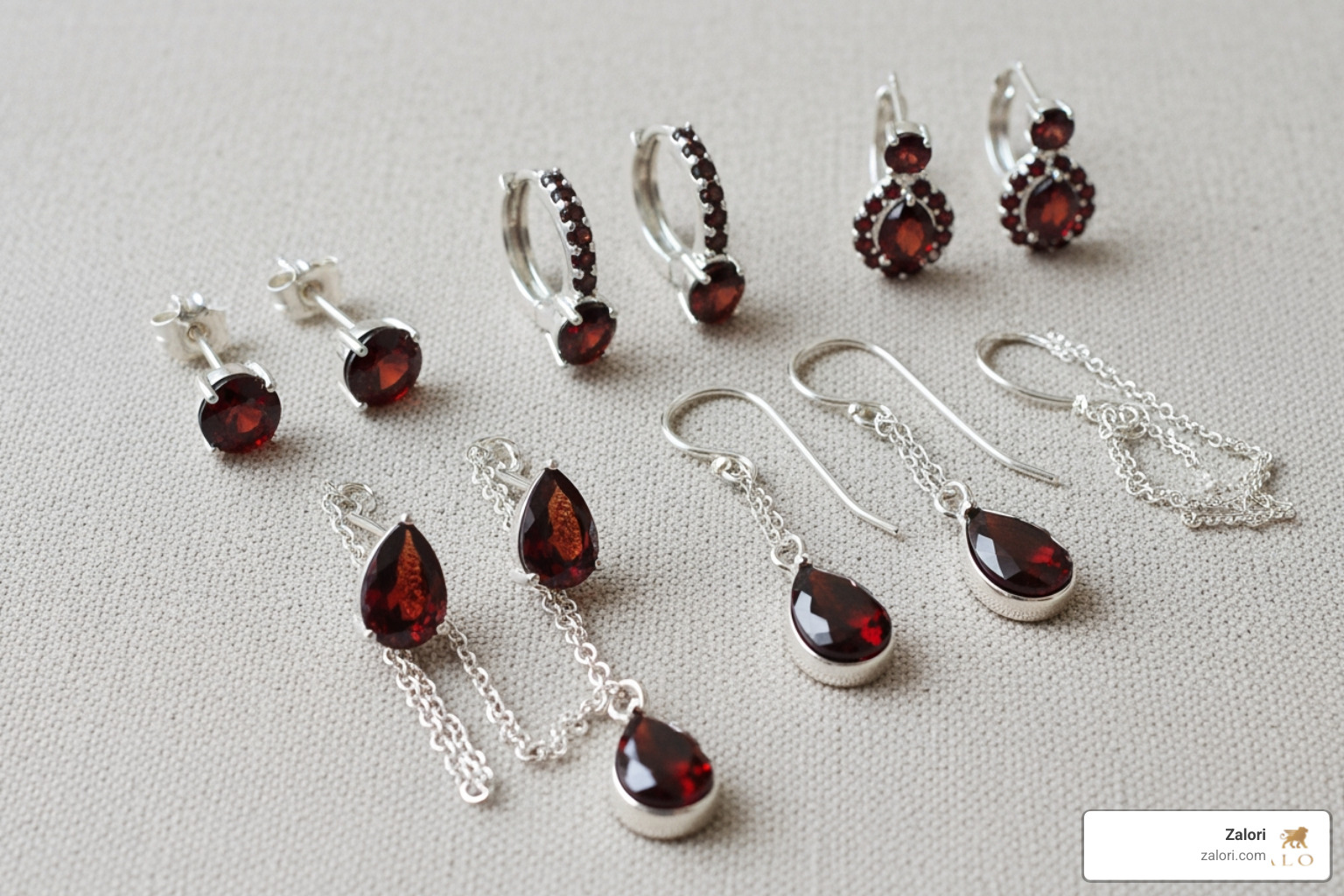 flat lay showcasing various garnet earring styles: studs, hoops, and drops - Garnet earrings Canada flat lay showcasing various garnet earring styles: studs, hoops, and drops - Garnet earrings Canada