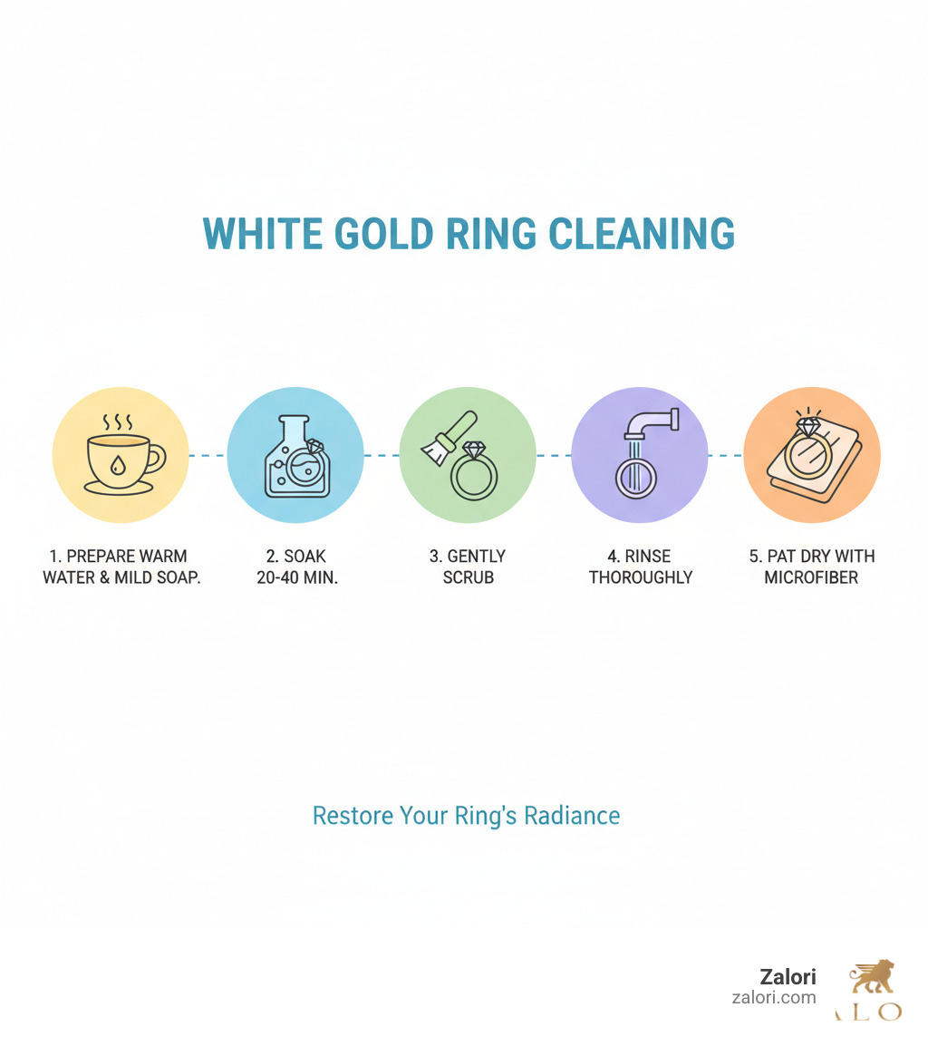Infographic showing the 5-step process to clean a white gold engagement ring: 1. Prepare warm water and mild dish soap. 2. Soak the ring for 20-40 minutes. 3. Gently scrub with a soft-bristled brush. 4. Rinse thoroughly under warm water. 5. Pat dry with a lint-free microfiber cloth. - how to clean an engagement ring white gold infographic 