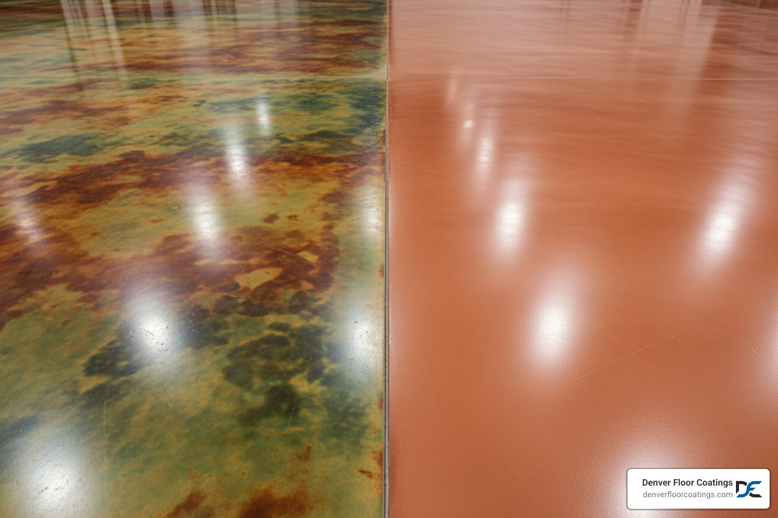 side-by-side comparison of a variegated acid-stained floor and a uniform water-based stained floor - stained concrete side-by-side comparison of a variegated acid-stained floor and a uniform water-based stained floor - stained concrete