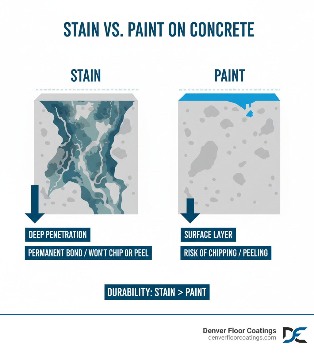 infographic showing cross-section of concrete with stain penetrating into pores versus paint sitting on surface, labeled with depth of penetration and durability characteristics - stained concrete infographic infographic showing cross-section of concrete with stain penetrating into pores versus paint sitting on surface, labeled with depth of penetration and durability characteristics - stained concrete infographic