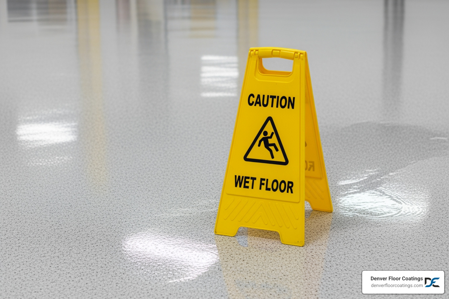 Safety sign indicating a wet floor next to a high-traction epoxy or polyaspartic floor - Non-slip industrial flooring