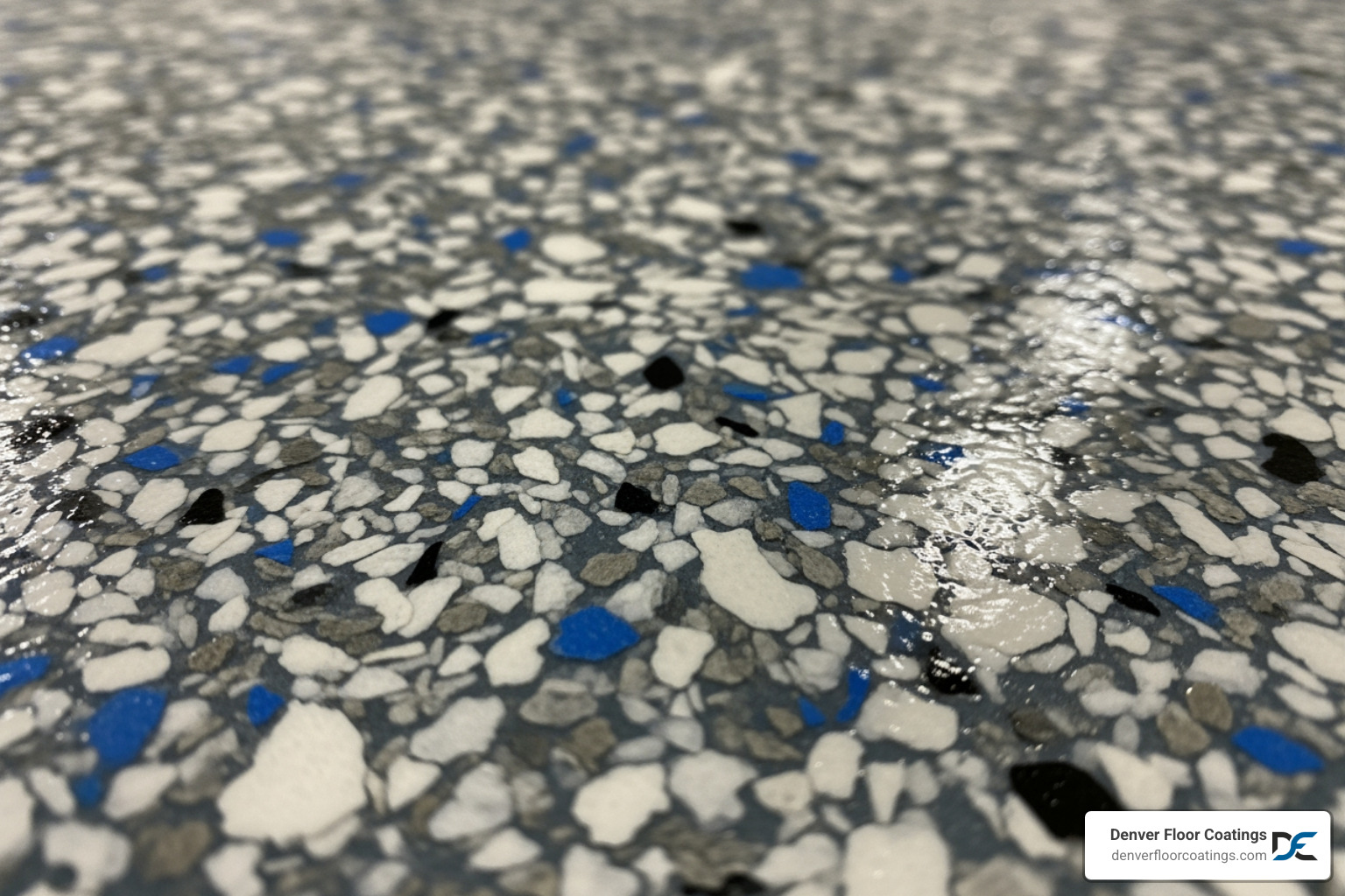 Close-up shot showing the texture of a polyaspartic flake floor - Non-slip industrial flooring