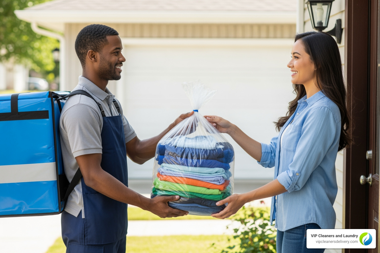 friendly VIP Cleaners delivery driver handing a laundry bag to a customer at their doorstep - laundry mira mesa friendly VIP Cleaners delivery driver handing a laundry bag to a customer at their doorstep - laundry mira mesa