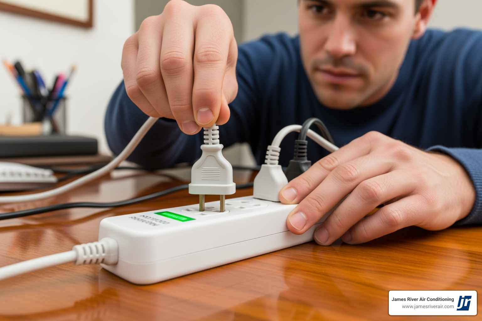 A homeowner carefully plugging a device into a surge protector strip, emphasizing electrical safety. - electrical repair in colonial heights, va A homeowner carefully plugging a device into a surge protector strip, emphasizing electrical safety. - electrical repair in colonial heights, va