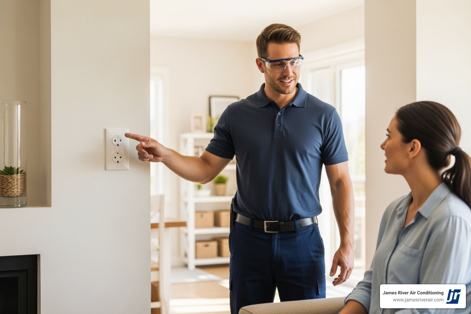 A friendly, professional electrician in a clean uniform talking with a homeowner inside their living room, pointing towards an electrical outlet. - electrical repair in colonial heights, va A friendly, professional electrician in a clean uniform talking with a homeowner inside their living room, pointing towards an electrical outlet. - electrical repair in colonial heights, va