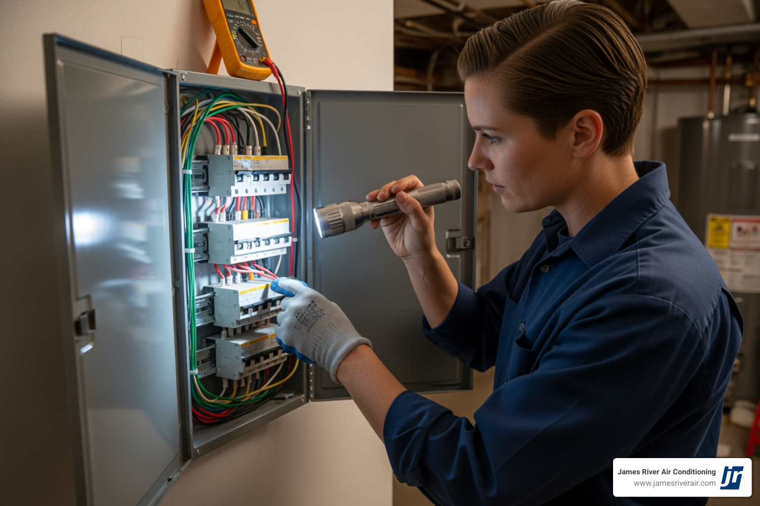 An electrician carefully inspecting a circuit breaker panel with a flashlight, checking connections and wiring. - electrical repair in colonial heights, va An electrician carefully inspecting a circuit breaker panel with a flashlight, checking connections and wiring. - electrical repair in colonial heights, va