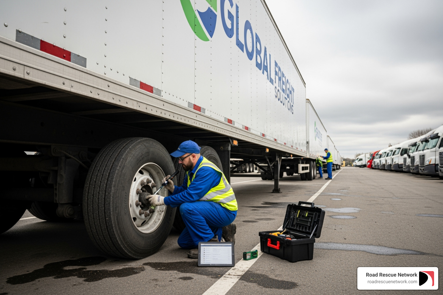 A technician performing a scheduled preventative maintenance check on a trailer in a fleet yard - mobile trailer service