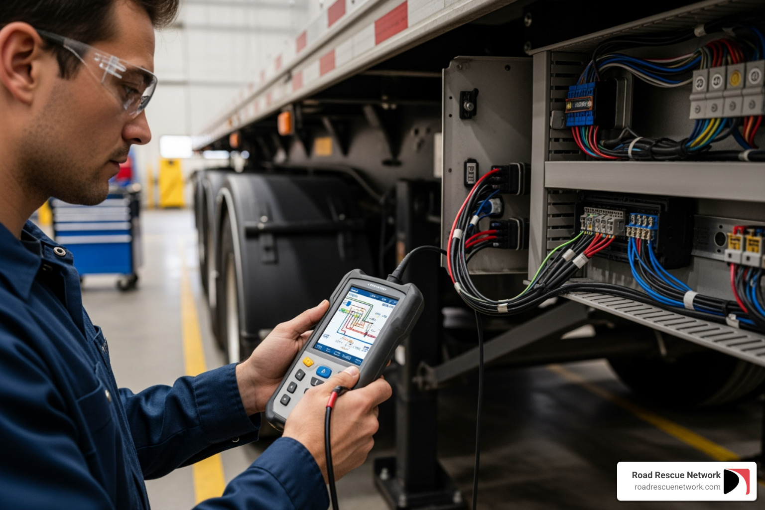 A technician using a diagnostic tool on a trailer's electrical system - mobile trailer service