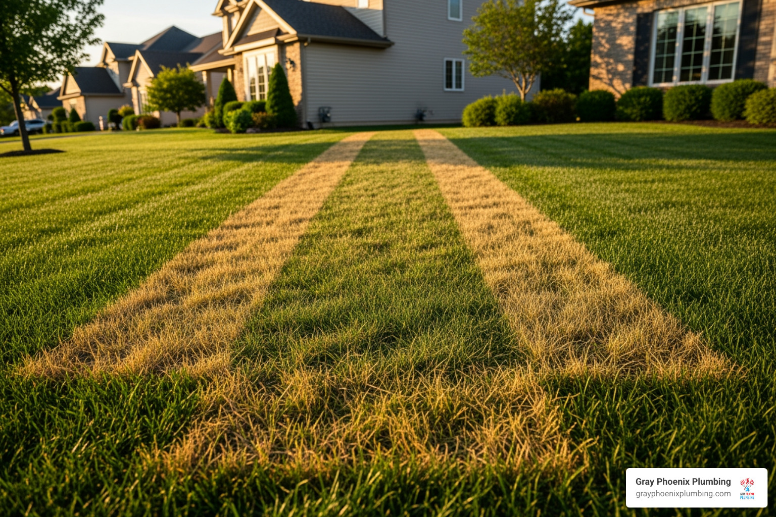 discolored dying grass over a buried gas line - gas plumber denver