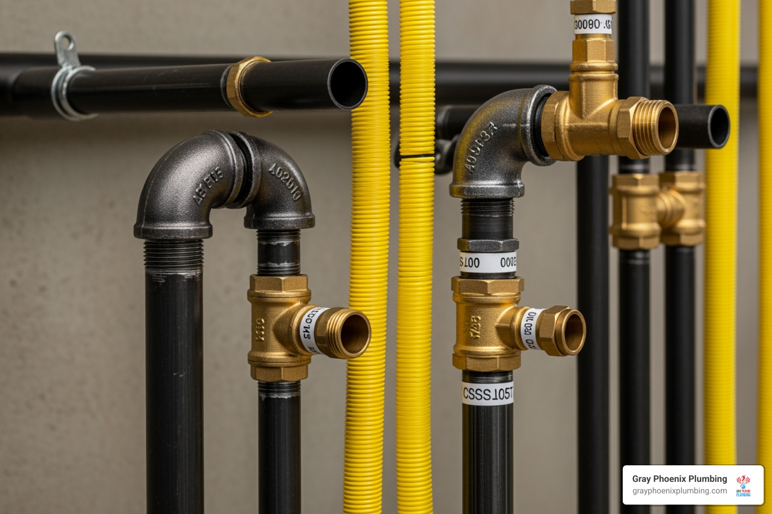 various gas pipe materials like black steel and flexible CSST tubing - gas plumber denver