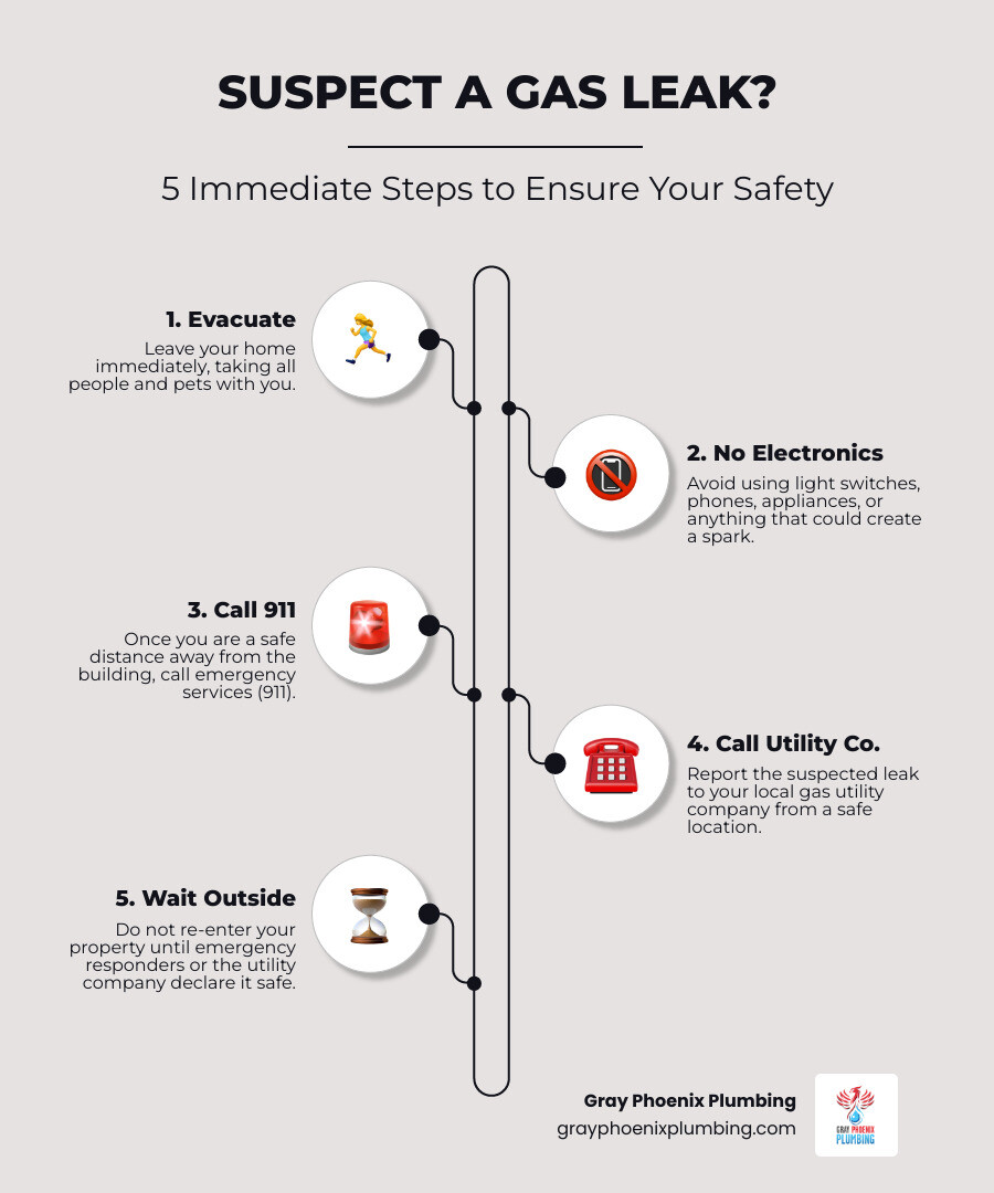 infographic showing 4 immediate steps if you suspect a gas leak: 1. Evacuate all people and pets immediately 2. Do not use electronics, light switches, or phones inside 3. Call 911 from a safe distance outside 4. Contact your gas utility company - gas plumber denver infographic infographic-line-5-steps-elegant_beige