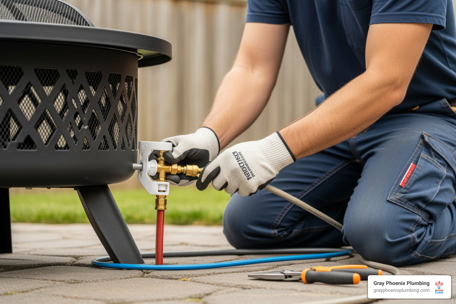gas plumber connecting a new gas line to an outdoor fire pit - gas plumber denver
