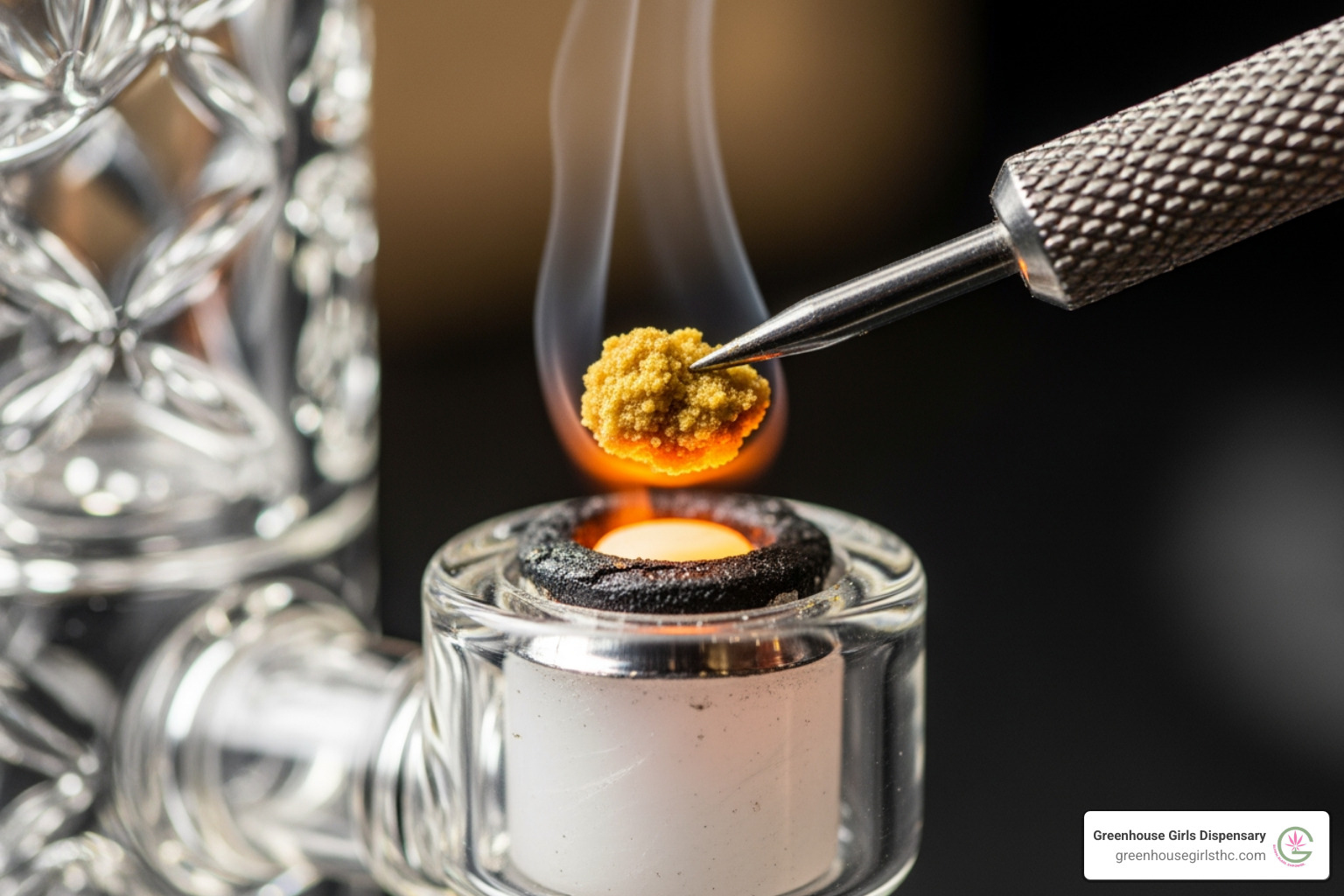 A dab tool with a small piece of golden crumble concentrate being carefully placed onto a heated quartz banger on a glass dab rig, with vapor beginning to form - crumble concentrate
