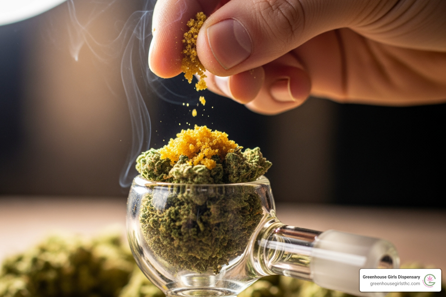 A hand sprinkling a small amount of golden crumble concentrate over a pile of ground cannabis flower in a glass pipe bowl, ready for consumption - crumble concentrate