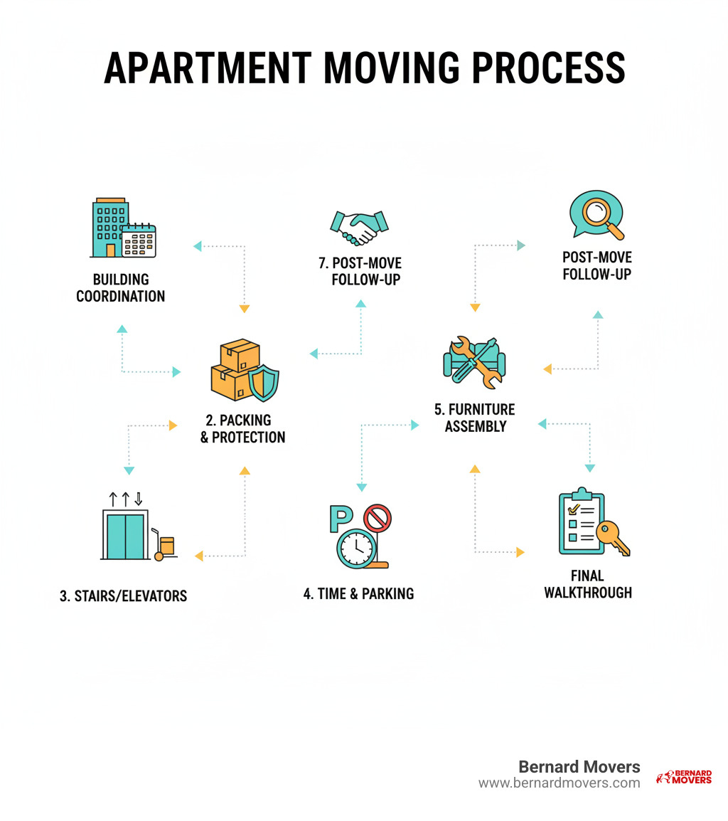 Infographic showing apartment moving process: 1. Building coordination and scheduling, 2. Packing and protection of items, 3. Navigating stairs/elevators with proper equipment, 4. Managing time windows and parking restrictions, 5. Furniture disassembly/reassembly, 6. Final walkthrough for security deposit protection, 7. Post-move follow-up - apt moving company infographic Infographic showing apartment moving process: 1. Building coordination and scheduling, 2. Packing and protection of items, 3. Navigating stairs/elevators with proper equipment, 4. Managing time windows and parking restrictions, 5. Furniture disassembly/reassembly, 6. Final walkthrough for security deposit protection, 7. Post-move follow-up - apt moving company infographic