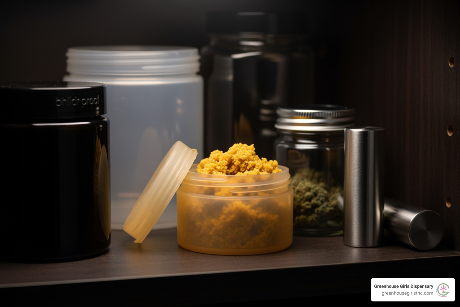 A small, airtight silicone container holding a golden yellow crumble concentrate, placed in a cool, dark cabinet next to other cannabis storage solutions - crumble concentrate