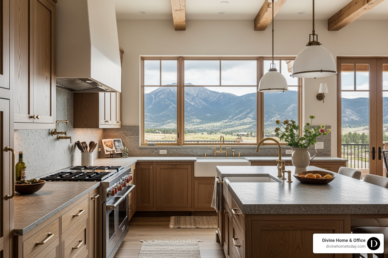 A beautifully organized and decluttered modern mountain kitchen in a Denver home, stone countertops, custom wood cabinetry, brass hardware, bright natural lighting, clean styled space, warm neutral palette. - Cost of home staging A beautifully organized and decluttered modern mountain kitchen in a Denver home, stone countertops, custom wood cabinetry, brass hardware, bright natural lighting, clean styled space, warm neutral palette. - Cost of home staging