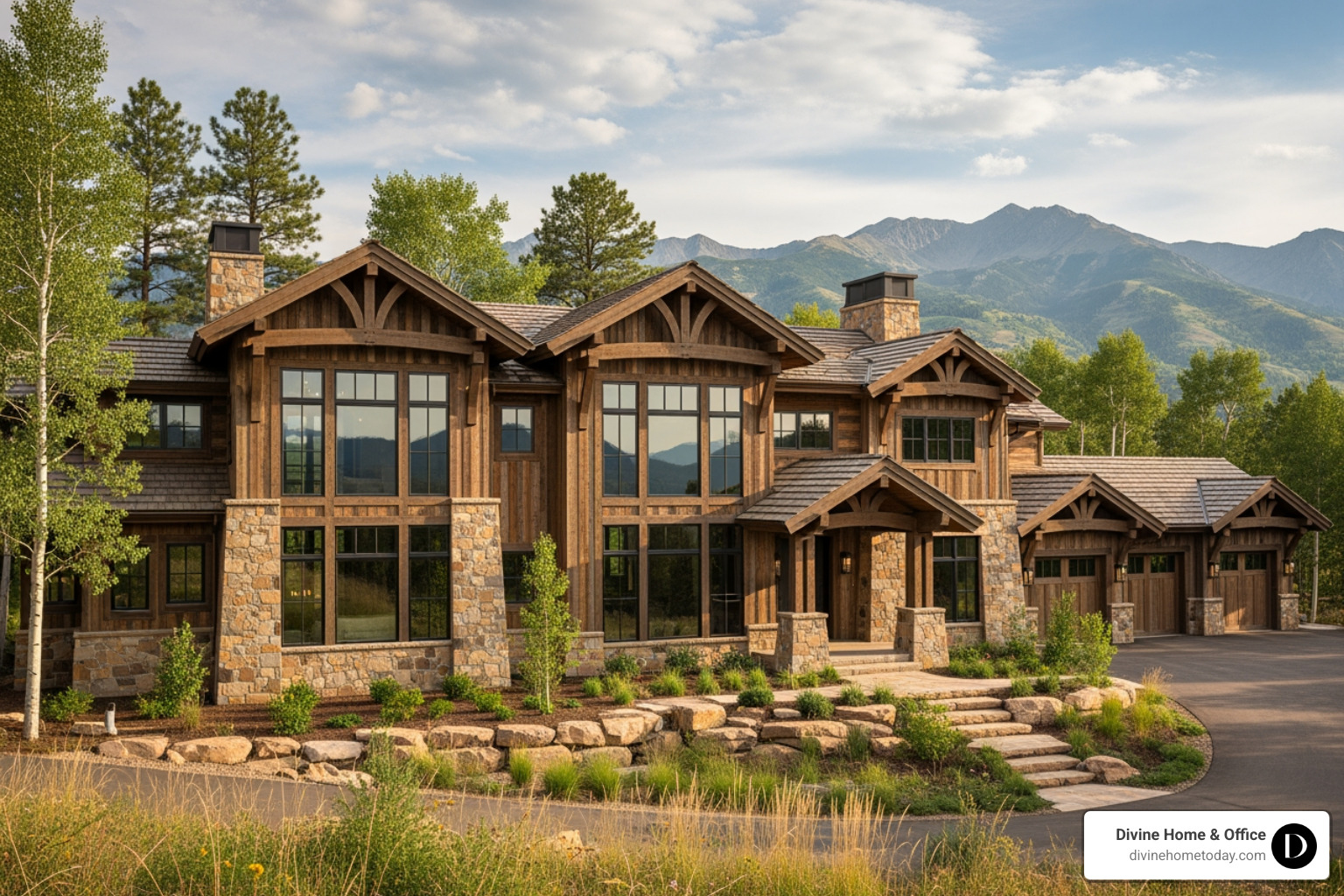 Exterior of a million-dollar Colorado mountain home with timber and stone facade, large windows, warm natural lighting, modern-rustic lodge style, set against the Denver foothills or Rocky Mountain backdrop. - Cost of home staging Exterior of a million-dollar Colorado mountain home with timber and stone facade, large windows, warm natural lighting, modern-rustic lodge style, set against the Denver foothills or Rocky Mountain backdrop. - Cost of home staging