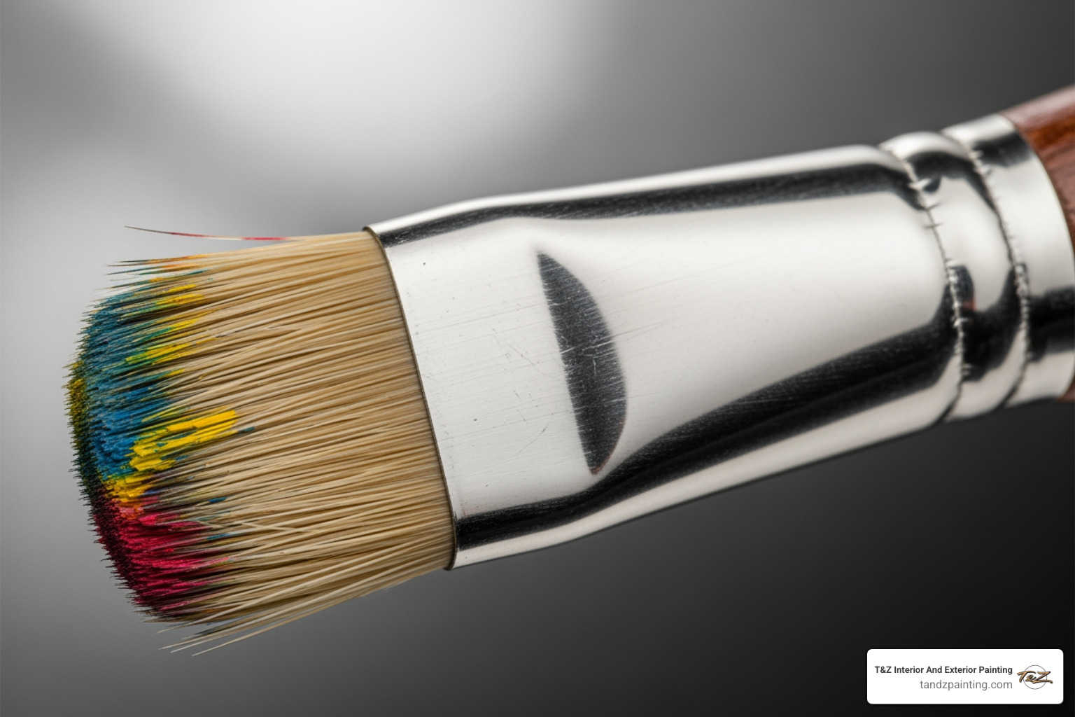 High-quality paint brush with parts labeled: soft-tip bristles, ferrule, and ergonomic handle - best paint brush for cabinets