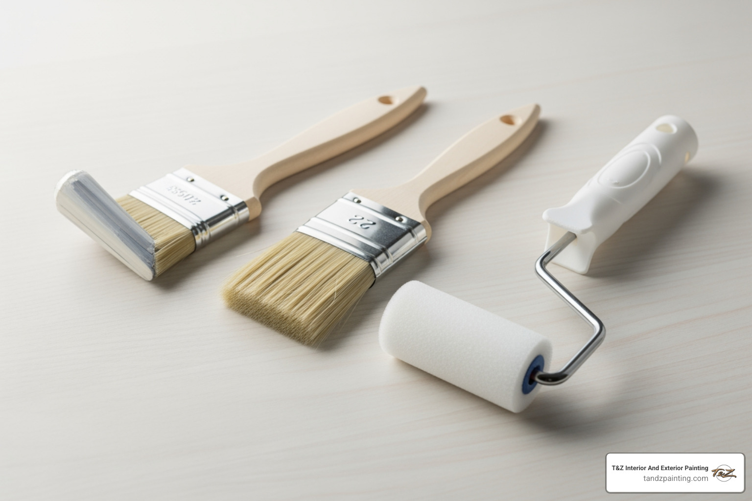 Collection of ideal cabinet painting tools: an angled brush, a flat brush, and a mini foam roller - best paint brush for cabinets