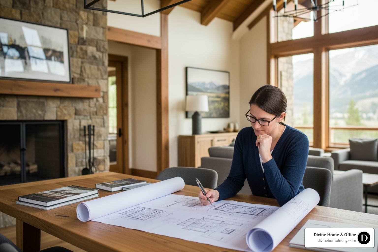 Person thoughtfully reviewing design plans for a luxury Colorado home at a table - interior design package Person thoughtfully reviewing design plans for a luxury Colorado home at a table - interior design package