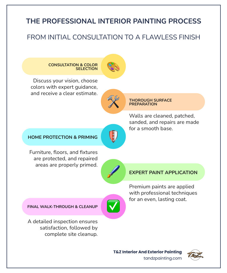 Infographic showing the complete interior painting process: 1) Initial consultation and color selection, 2) Surface preparation including patching and sanding, 3) Protecting furniture and floors, 4) Priming repaired areas, 5) Applying premium paint, 6) Final cleanup and inspection, with average timelines and cost ranges for single rooms versus whole-house projects - interior painting contractor infographic infographic-line-5-steps-colors