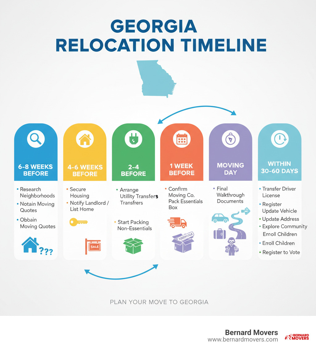 infographic showing Georgia relocation timeline: 6-8 weeks before move research neighborhoods and obtain moving quotes, 4-6 weeks before move secure housing and notify current landlord or list home for sale, 2-4 weeks before move arrange utility transfers and start packing non-essentials, 1 week before move confirm moving company details and pack essentials box, moving day conduct final walkthrough and travel with important documents, within 30 days after move transfer driver license register vehicle and update address with all providers, within first 60 days explore your new community enroll children in school and register to vote - move to Georgia infographic 