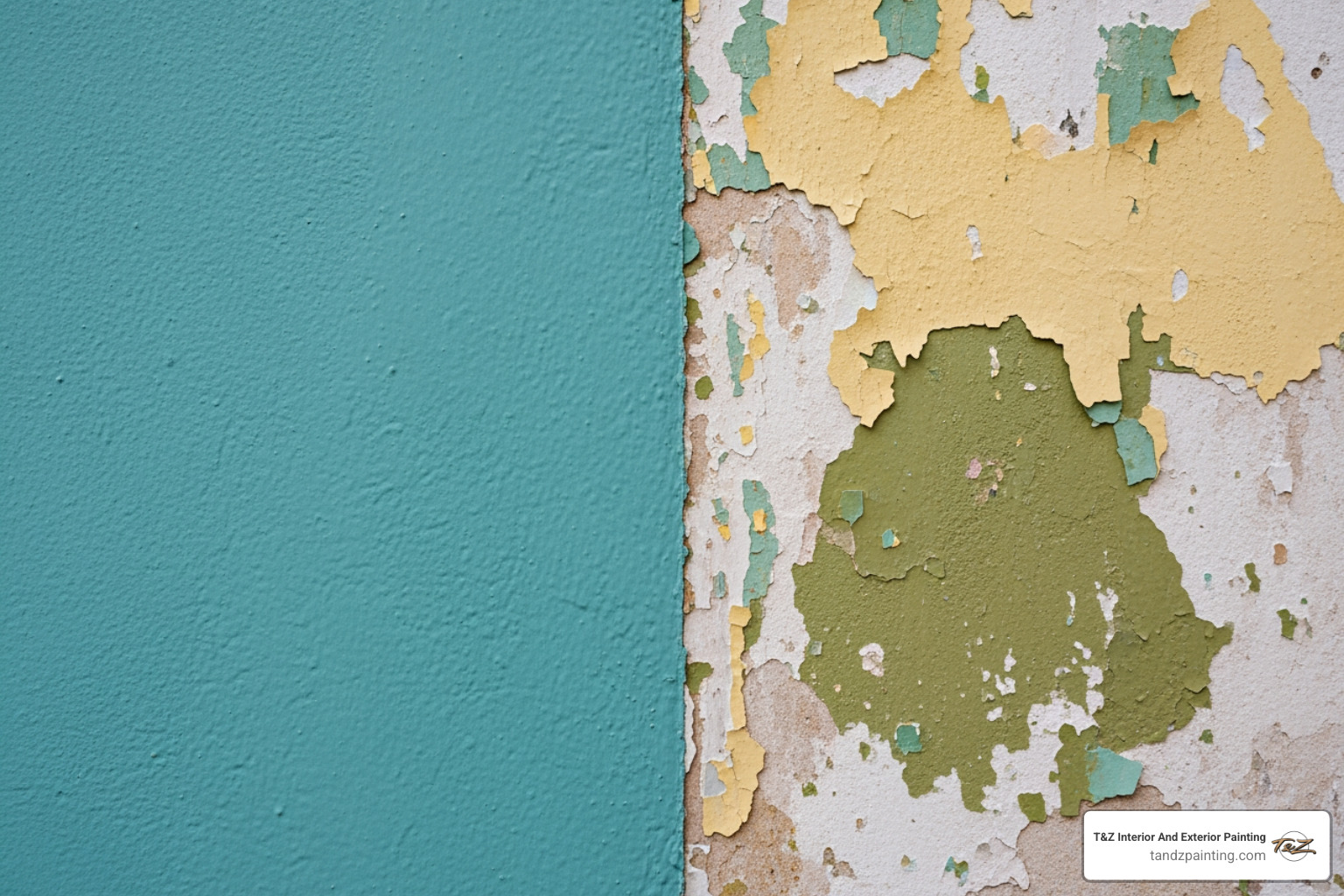 wall with peeling paint next to a freshly painted one - interior painting contractor