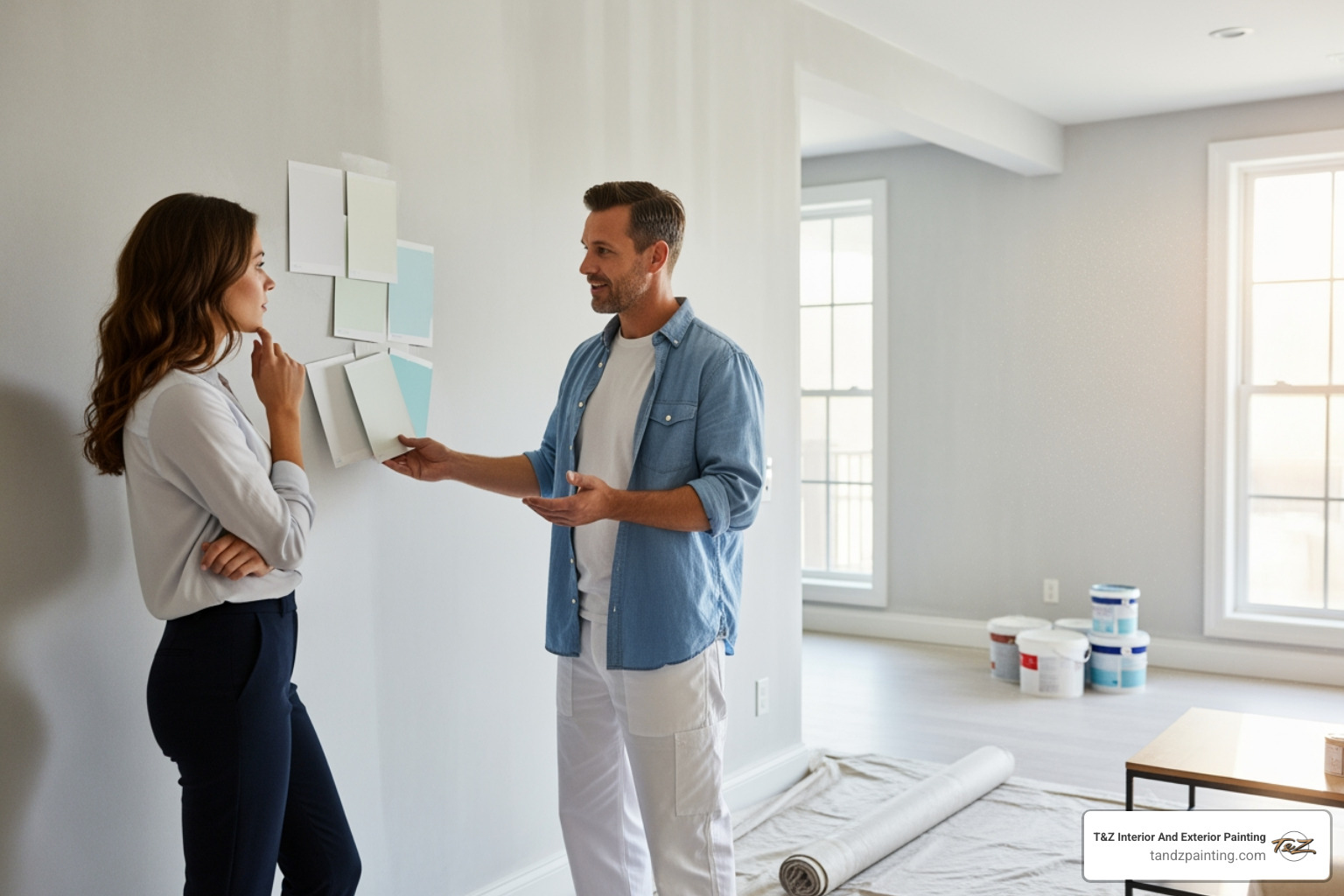 painter showing a client color swatches in a well-lit room - interior painting contractor